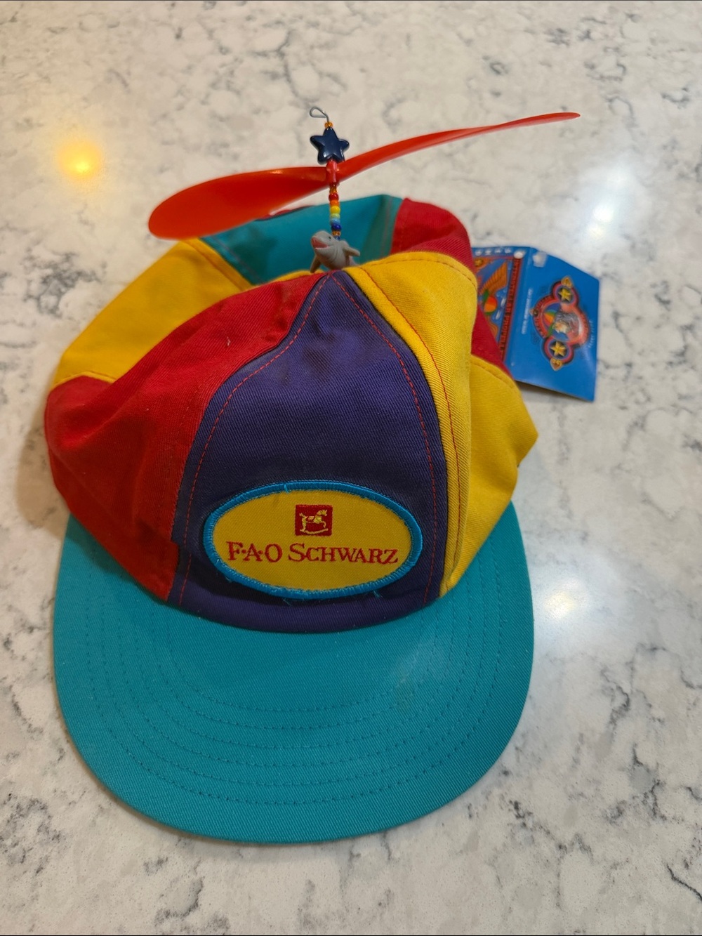 Vintage FAO Schwarz Multicolor Propeller Beanie Hat with Teal Brim